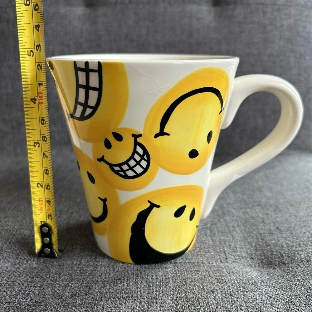 Smiley Face Emoji Covered Coffee Mug, Yellow, White, 15 oz